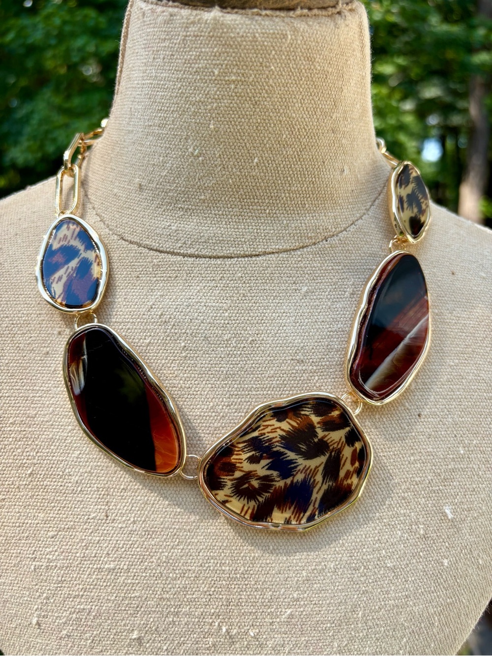 Gold-Tone Leopard & Amber Statement Necklace Earrings Set Women Jewelry